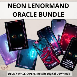 Op de afbeelding: Een digitale Neon Lenormand Oracle-bundel met kaarten en smartphone-achtergronden met gloeiende neongraphics. De kaarten tonen symbolen zoals vogels, een slang, een sleutel en een hart, met de tekst NEON LENORMAND ORACLE BUNDLE.