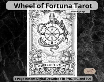 The Wheel of Fortune Tarot Coloring Page, Printable Single Sheet Destiny Card, PDF Digital