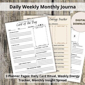 May include: Three printable planner pages featuring a Card of the Day, Weekly Energy Tracker, and Monthly Insight Spread. The white and cream pages include sections for dates, moon phases, affirmations, and card readings with lines for notes.
