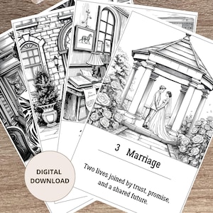 May include: A set of black and white illustrated cards featuring detailed scenes. One card shows a couple in a gazebo with the text 3 Marriage and Two lives joined by trust, promise, and a shared future. A circular badge reads DIGITAL DOWNLOAD.