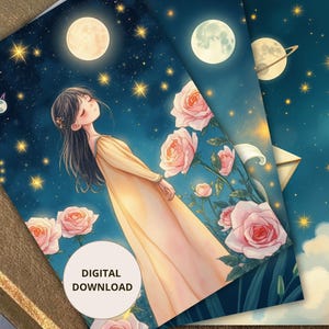 May include: A digital download art print featuring a person with long dark hair in a flowing yellow dress standing among pink roses under a dark blue night sky filled with glowing yellow stars, a full moon, and a small planet with a ring.