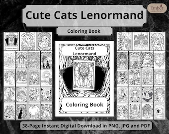 Cat Lenormand Coloring Book, Stained Glass Animals, Printable Witchy Oracle, Adult Relaxing PDF