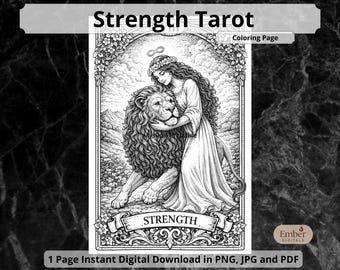 Strength Tarot Coloring Page, Printable Major Arcana Art, Detailed Anti Stress Digital Download