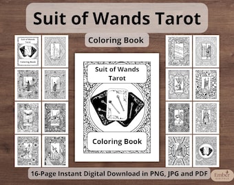 Printable Tarot Suit of Wands Coloring Pages, Creative Passion Journal, Anti-Stress, Digital PDF