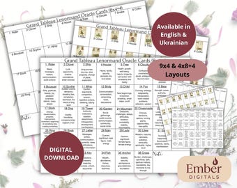 Lenormand Grand Tableau Templates, Vintage 9x4 Spreads Guide, Printable Oracle Worksheet PDF