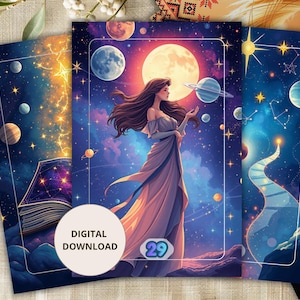 May include: Three vertical digital art prints featuring celestial themes. The center print shows a figure in a flowing gown surrounded by planets and a large moon. The left print displays an open book with constellations, and the right print shows a winding path through a starry sky. Text reads DIGITAL DOWNLOAD and 29.