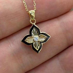 14K Solid Gold Four Leaf Clover Pendant, Enamel Flower Necklace, 14K Gold Pendant, Lucky Gift Jewelry, Gift for Her, 14K Gold Fine Jewelry