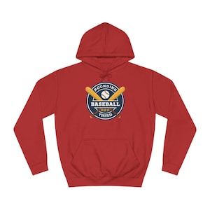 May include: Red hooded sweatshirt with a navy blue circle graphic featuring two crossed baseball bats, a baseball, and the text "Rounding Third Baseball".