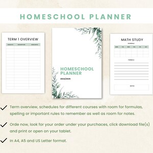 Op de afbeelding: Een printbare homeschool-planner met een groen bloemmotief. De planner bevat een termoverzicht, roosters voor verschillende cursussen en een sectie voor wiskundestudie. De tekst "HOMESCHOOL PLANNER 2024/2025" staat op de omslag.