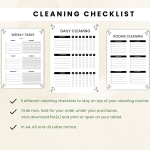 May include: Three printable cleaning checklists titled "CLEANING CHECKLIST". The templates include "WEEKLY TASKS", "DAILY CLEANING", and "ROOMS CLEANING". The checklists are available in A4, A5, and US Letter formats for home organisation.