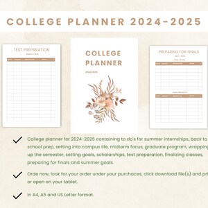 Op de afbeelding: Een printbare collegeplanner voor het schooljaar 2024-2025. De planner bevat secties voor testvoorbereiding, voorbereiding op eindexamens en een bloemmotief.