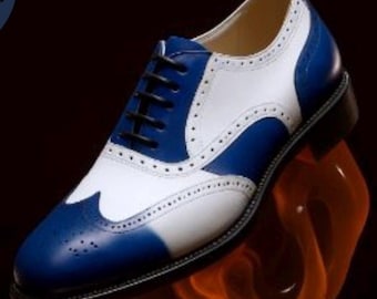 Men's Handmade Two Tone Brogue Leather Wingtip Lace Up Oxford Dress Shoes