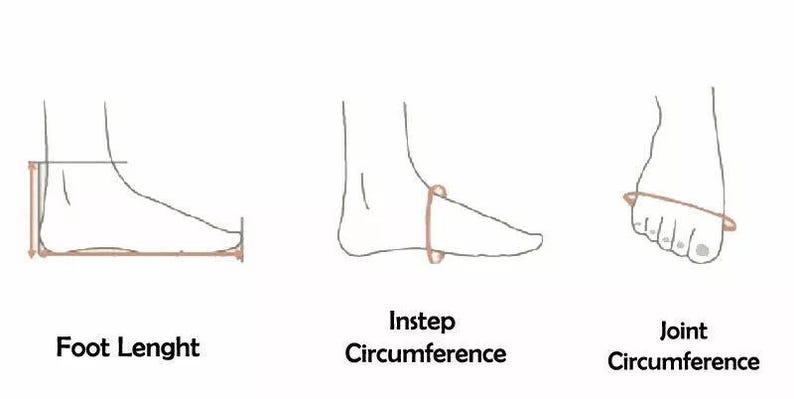 May include: Diagram showing how to measure foot length, instep circumference, and joint circumference. The diagram shows a foot with lines indicating where to measure.