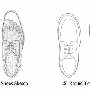 May include: Line drawing sketches of two different shoe styles. The first pair is a pointed toe shoe with a lace-up design. The second pair is a round toe shoe with a lace-up design. The caption below the shoes reads "1. Pointed Toe Shoes Sketch" and "2. Round Toe Shoes Sketch".