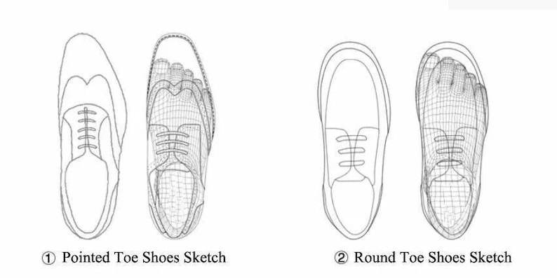 May include: Line drawing sketches of two different shoe styles. The first pair is a pointed toe shoe with a lace-up design. The second pair is a round toe shoe with a lace-up design. The caption below the shoes reads "1. Pointed Toe Shoes Sketch" and "2. Round Toe Shoes Sketch".