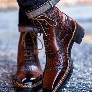 Handmade Leather Boots Lace up Ankle Dress Shoes For Men Textured Boots