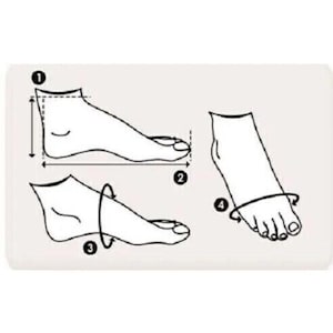 May include: Diagram showing how to measure your foot for shoe sizing. The diagram shows four different measurements: 1) Heel to toe length, 2) Heel to ball of foot length, 3) Foot width, and 4) Foot circumference.