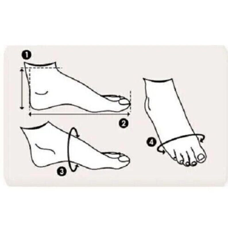 May include: Diagram showing how to measure your foot for shoe sizing. The diagram shows four different measurements: 1) Heel to toe length, 2) Heel to ball of foot length, 3) Foot width, and 4) Foot circumference.