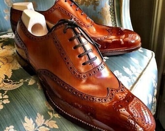 Men's Handmade Brown Tone Leather Wingtip Brogue Lace Up Formal Dress Shoes