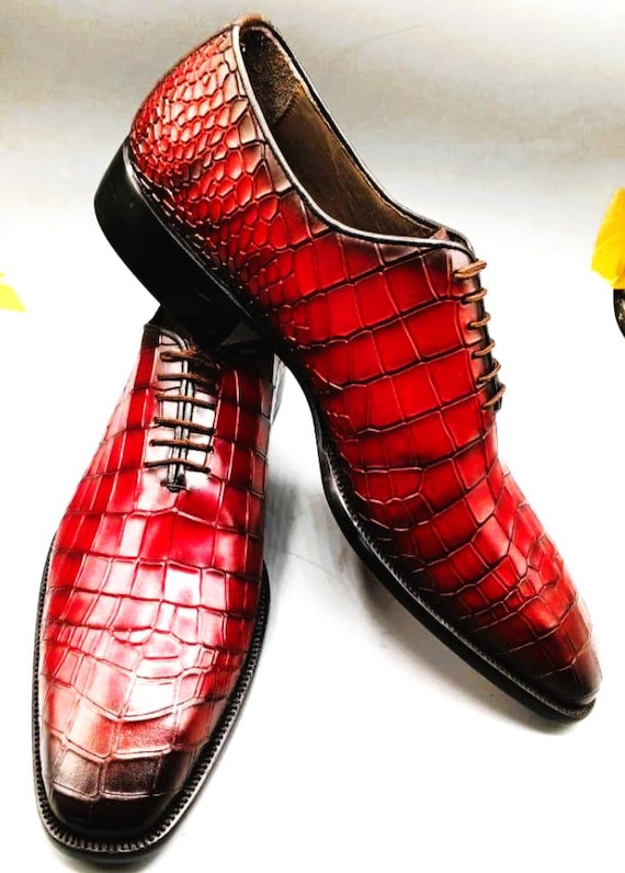 Handmade Leather Dress Shoes Men Burgundy Oxford Crocodile Pattern Shoes