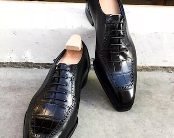 Men's Handmade Black Shoes Crocodile Patterned Lace Up Leather Formal Dress Shoes