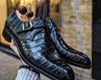 Handmade Leather Shoes Black Alligator Patterned Single Monk Strap Footwear