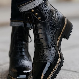 Handmade Black Leather Boots Lace up Ankle Dress Shoes For Men Textured Boots