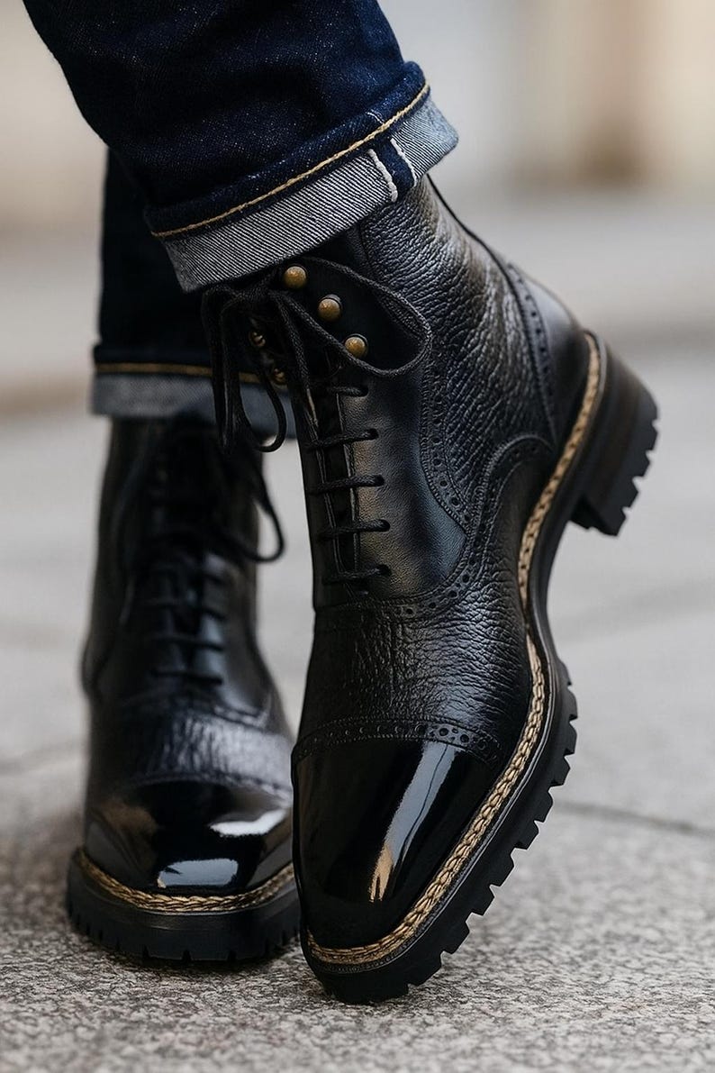 Handmade Black Leather Boots Lace up Ankle Dress Shoes For Men Textured Boots