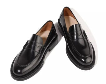Handmade Men's Polished Black Leather Shoes Apron Toe Penny Loafers Slip-Ons