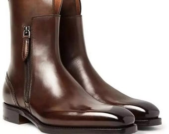Handmade Genuine Leather Ankle Boots Brown Zipper Heeled Long Footwear