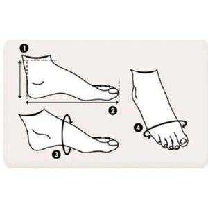 May include: Diagram showing how to measure your foot for shoe sizing. The diagram shows four different measurements: 1) Heel to toe length, 2) Heel to ball of foot length, 3) Foot width, and 4) Foot circumference.