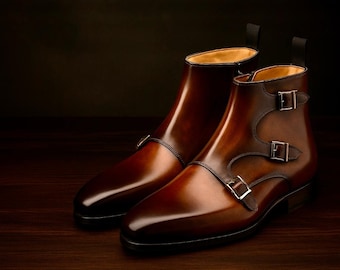 Handmade Men's Genuine Brown Leather Triple Monk Strap Formal Dress Shoes Men
