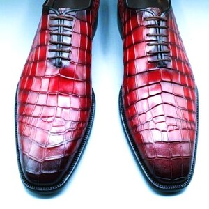 Handmade Leather Dress Shoes Men Burgundy Oxford Crocodile Pattern Shoes image 2