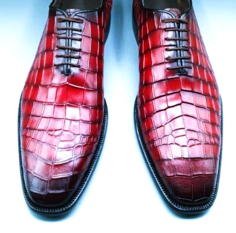 Handmade Leather Dress Shoes Men Burgundy Oxford Crocodile Pattern Shoes image 2