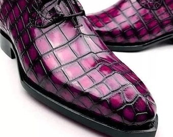 Handmade Men Purple Crocodile Pattern Leather Shoes, Lace-Up Formal Dress party
