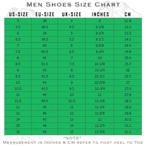 May include: A green chart with a men's shoe size conversion table. The table shows US, EU, UK, inches, and centimeters.