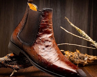 Handmade Leather Boot Men's Long Footwear Ostrich Patterned Chelsea Ankle Shoes