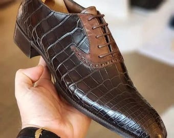 Handmade Men's Brown Shoes Crocodile Pattern Leather Oxford Lace-Up Formal Dress Shoes