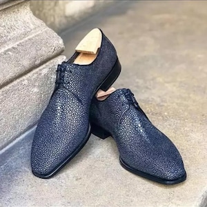 Men&#39;s Handmade Leather Shoes, Blue Oxford shoe Lace up Formal Dress Shoes