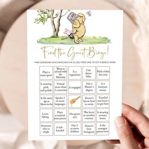 Juego de bingo clásico de Winnie the Pooh Encuentra al invitado, Tarjeta de juego de bingo de invitados para baby shower editable, Plantilla de actividad divertida imprimible de Pooh Bear S1