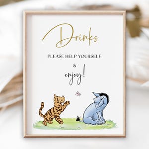 Letrero de bebidas para baby shower de Winnie the Pooh, letrero editable para bar de bebidas, plantilla clásica de oso Pooh de género neutro, decoración de mesa de cumpleaños S1