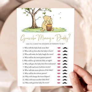 Klassieke Winnie de Poeh Guess Who mama of papa spel, bewerkbaar babyshower spel mama of papa, afdrukbare leuke activiteitenkaartsjabloon voor koppels S1