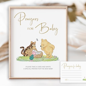 Cartello con preghiere per baby shower di Winnie the Pooh, biglietti di auguri e consigli stampabili classici dell'orsetto Pooh, modello per cartello decorativo da tavolo con auguri S1