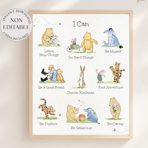 Decorazione murale per cameretta Winnie the Pooh, poster stampabile con affermazioni di Pooh e dei suoi amici, decorazione per la sala giochi, regalo di compleanno motivazionale per bambini e bambine S2