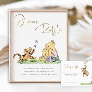 Windel-Verlosungsschilder & Ticket, klassische Winnie the Pooh-Babyparty-Tischdekor-Beschilderung, bearbeitbare Pooh-Bär-Kinderpartydekorationsvorlage S1