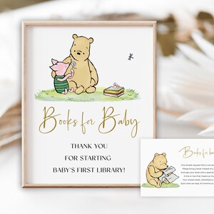 Livres de baby shower Winnie l'ourson pour affiches et billets pour bébé, signalisation classique de décoration de table ourson ours, modèle de fête neutre sexiste modifiable S1