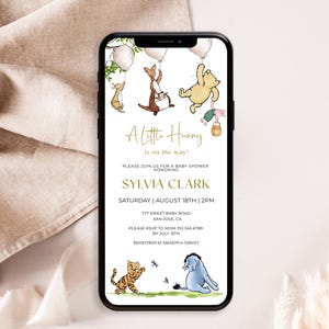 Winnie the Pooh Baby Shower Evite, Classic Pooh Bear Phone Invitation, Virtual Electronic Gender Neutral Invite Boy Girl Digital Template s1