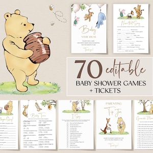 Winnie the Pooh Baby Shower Games Bundle, Classic Gender Neutral Bingo Printable Card Editable Winnie Bear Digital Game, Girl Boy Fun Set S1