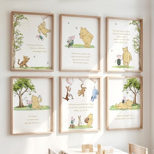 12 impresiones editables con frases de Winnie the Pooh, arte clásico de pared para guardería, decoración de habitación de bebé de género neutro, decoración para fiesta de niño y niña (tamaño S1)