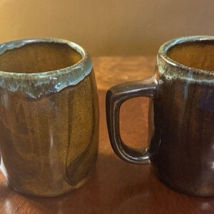 Vintage Pair Anna Van Briggle Signed Pottery Brown w/ Green Drip Glaze Mugs 4" H